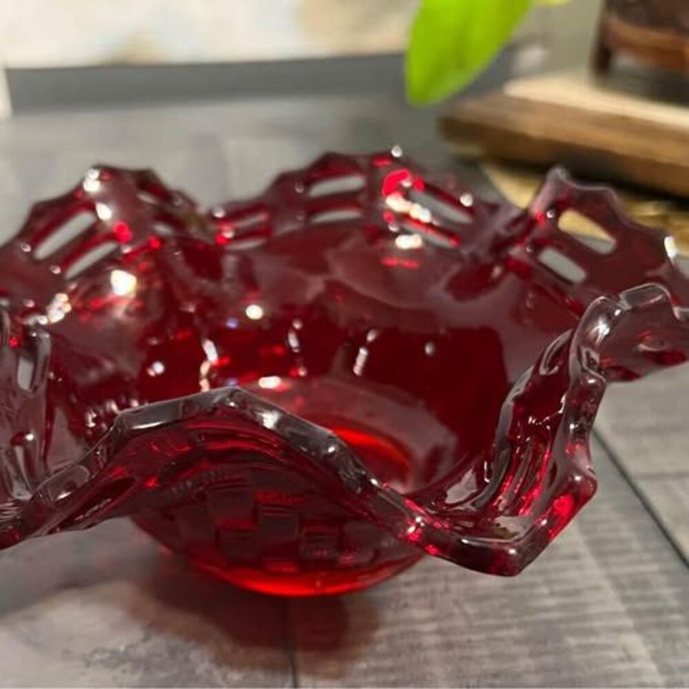 Glass Round Crimped Bon Bon Dish Red Carnival Glass Basket Weave Candy Nut Bowl